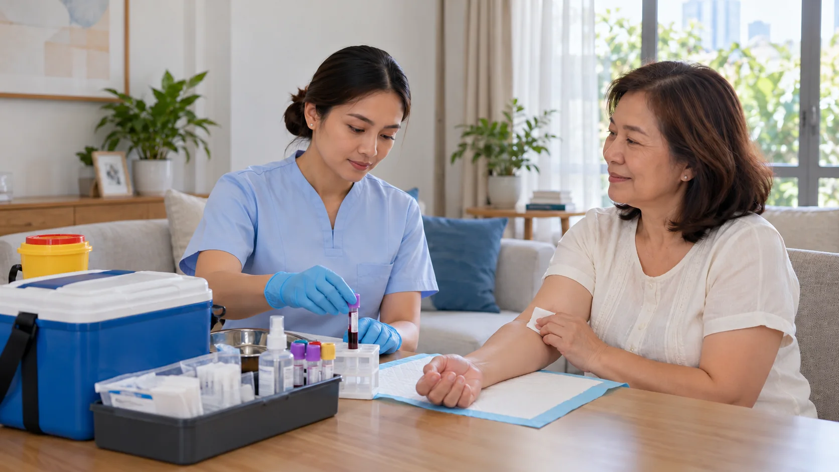 A PinMed nurse collecting a blood sample at a patient's home