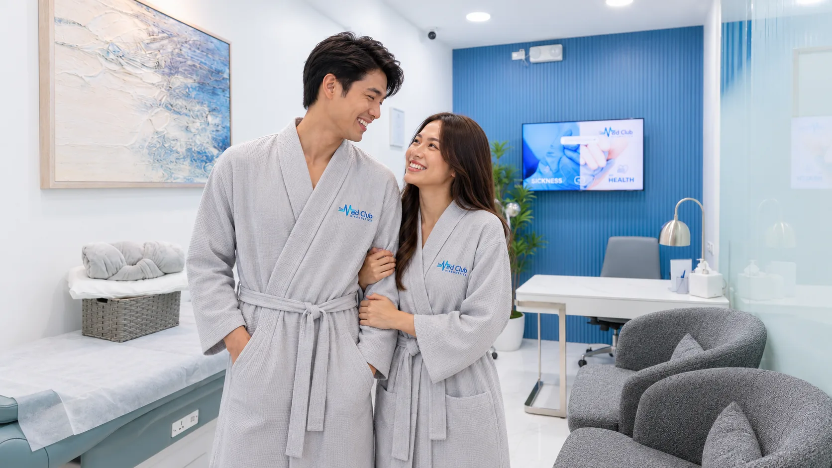 Two guests in Med Club robes in a private suite
